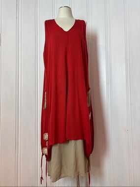Tara Vao Red Beige Boho Layered Rayon Dress Size 3X